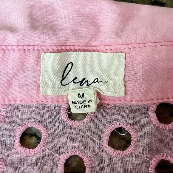 Lena Pink Sheer Eyelet Crochet Button Up Blouse Barbie Preppy Coastal M Y2k - Picture 9 of 12
